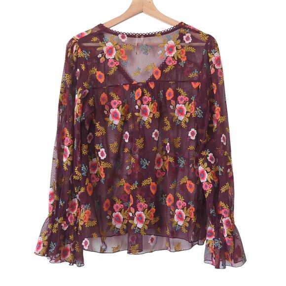Anthropologie by Feather Bone Floral Embroidered Mesh Blouse Maroon Multi Small - Picture 2 of 9